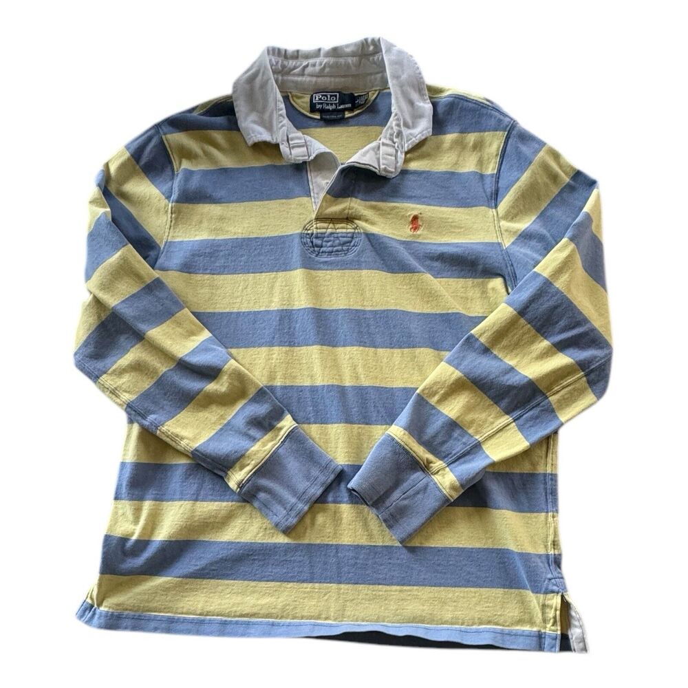 Vintage 90s Polo Ralph Lauren Yellow Blue Rugby Shirt Men's Size L Custom Fit